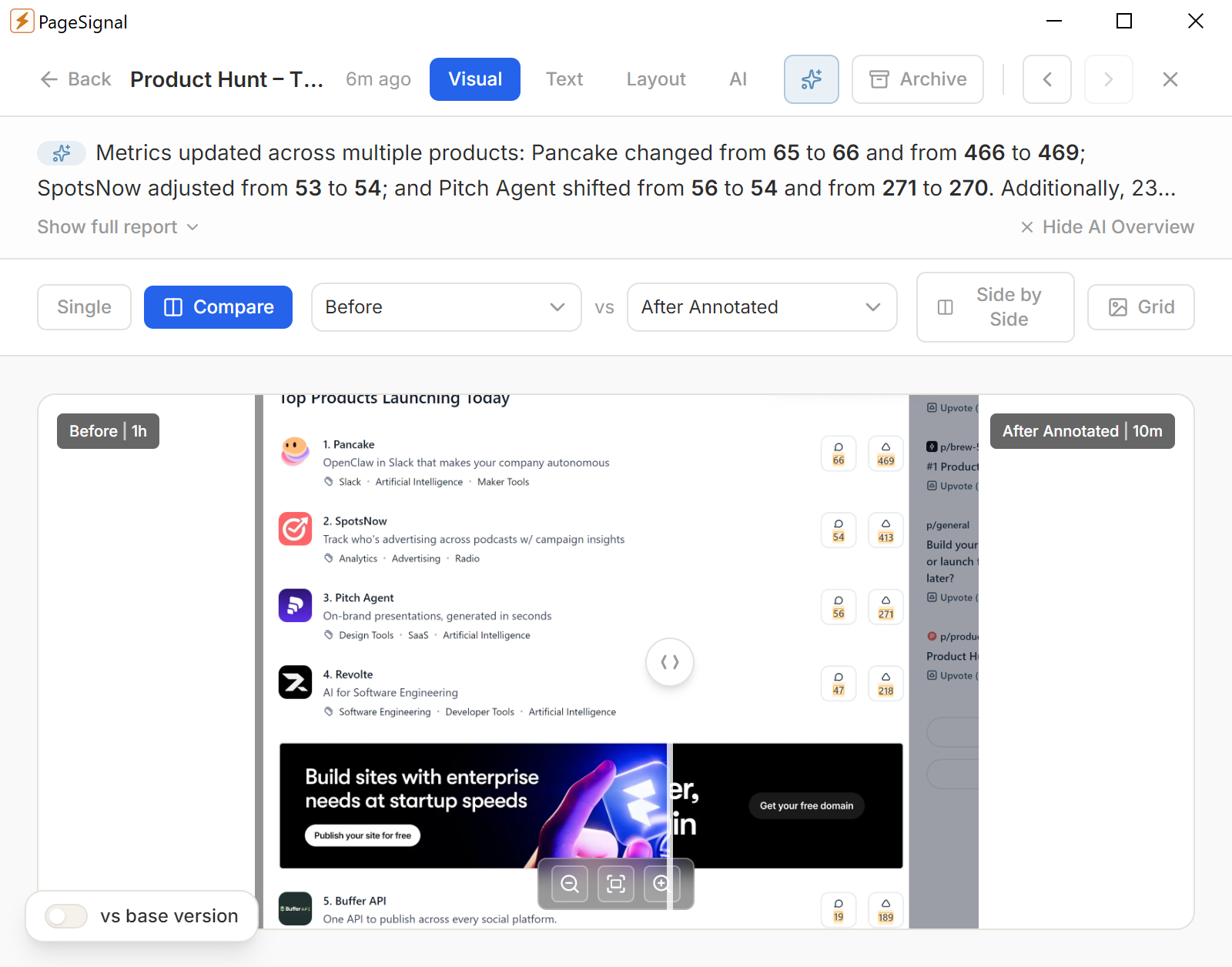 PageSignal ai change before screenshot