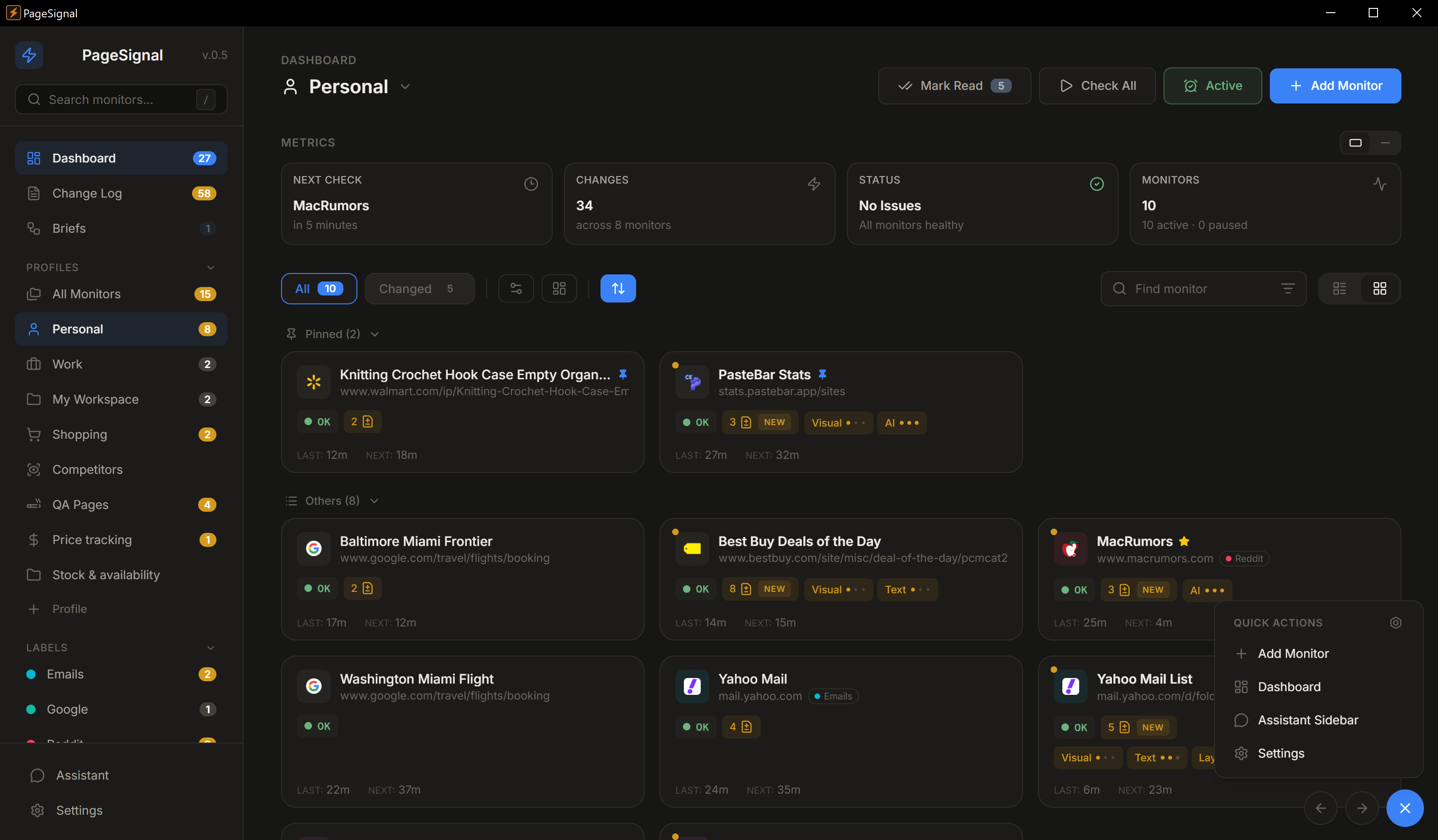 PageSignal dark dashboard showing personal monitor cards