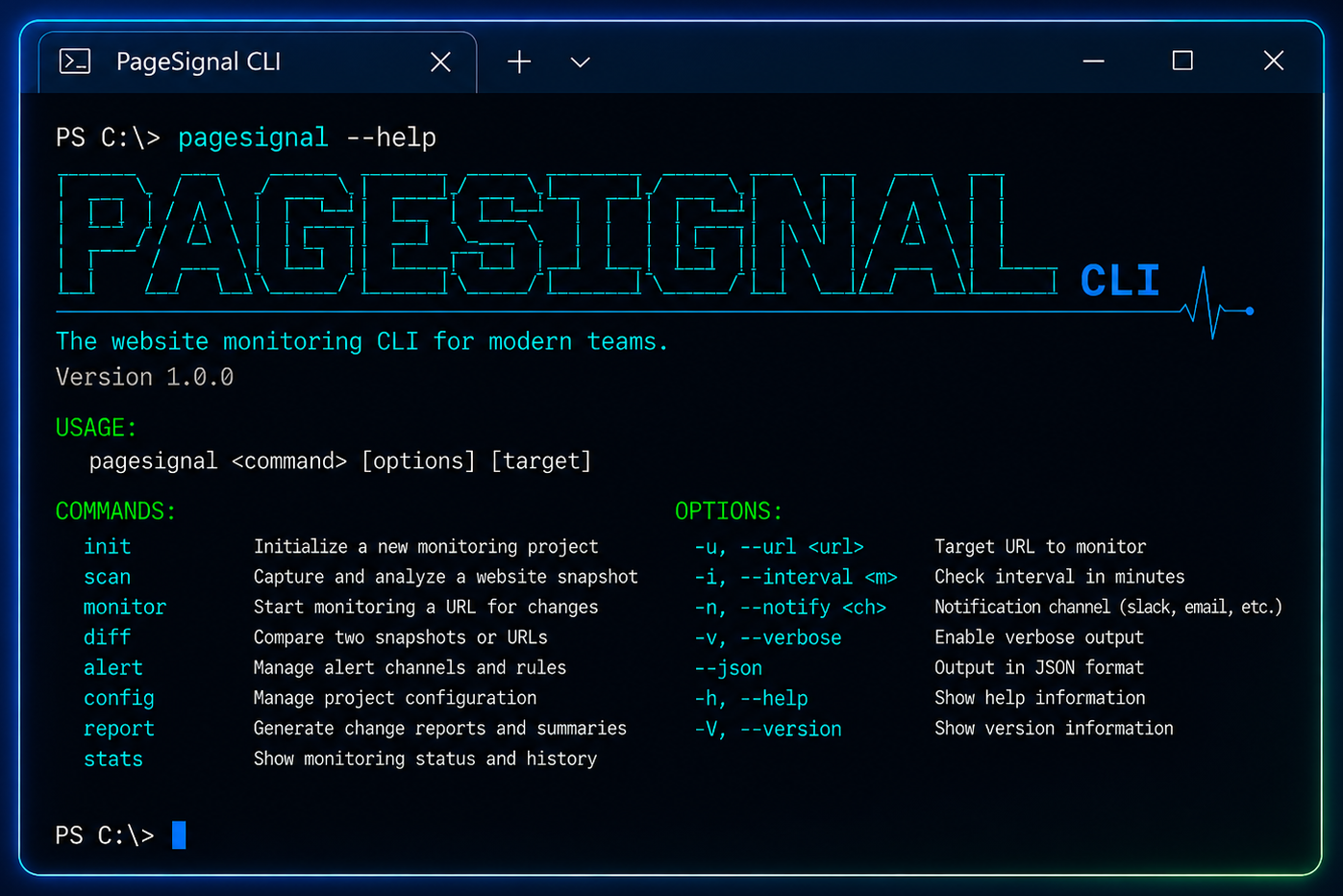 PageSignal CLI workflow screenshot