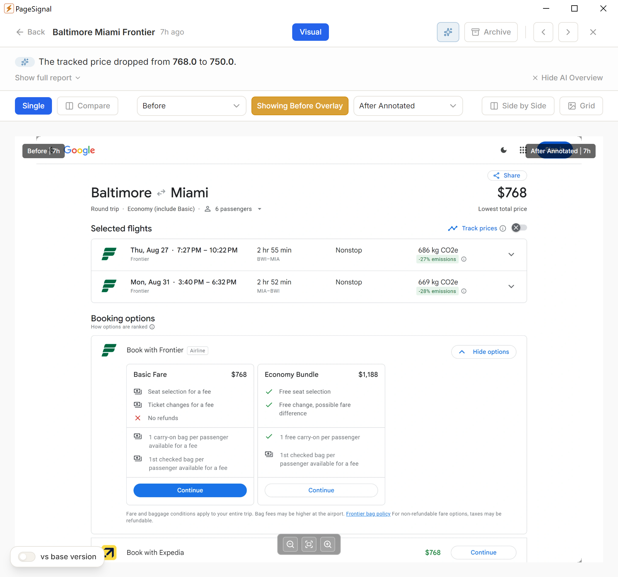 PageSignal price change before screenshot