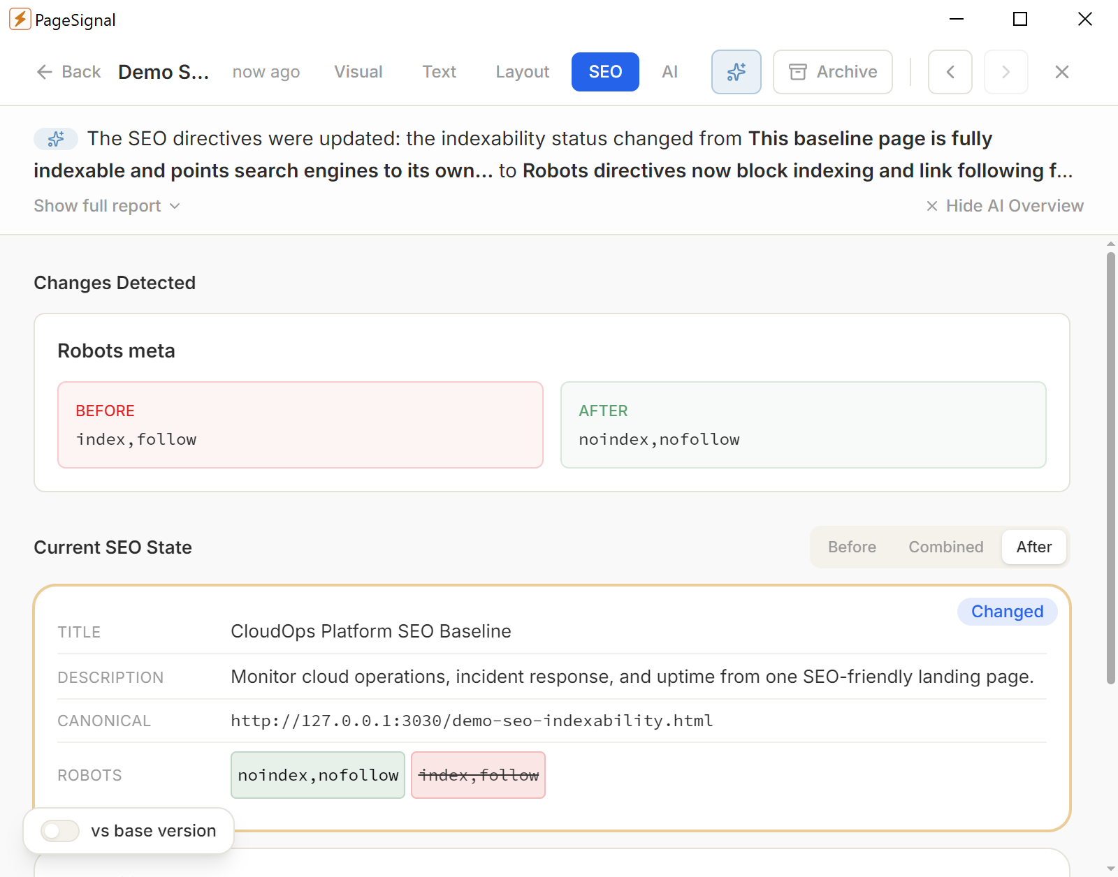PageSignal seo change after screenshot
