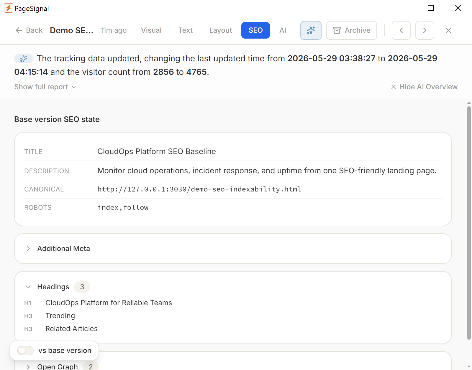 PageSignal seo change before screenshot